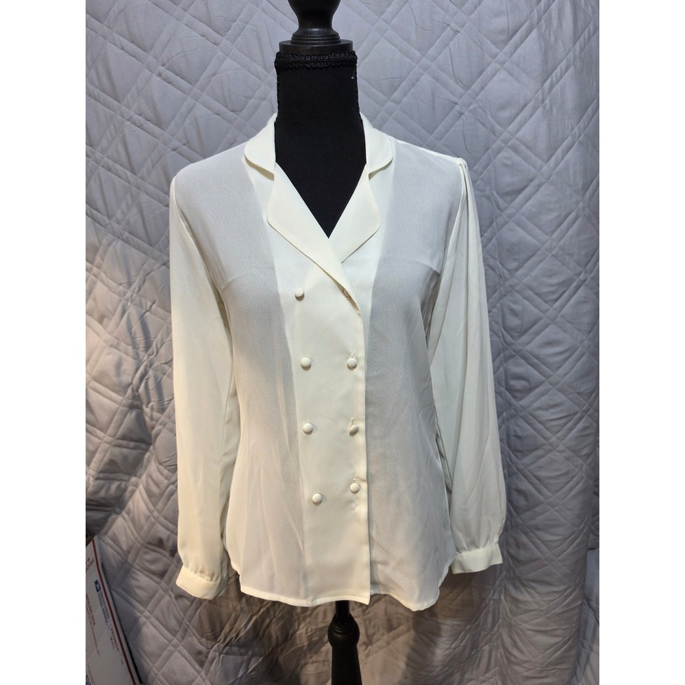 Lloyd Williams Womens Cream Double Breasted Long Sleeve Blouse Notched Collar